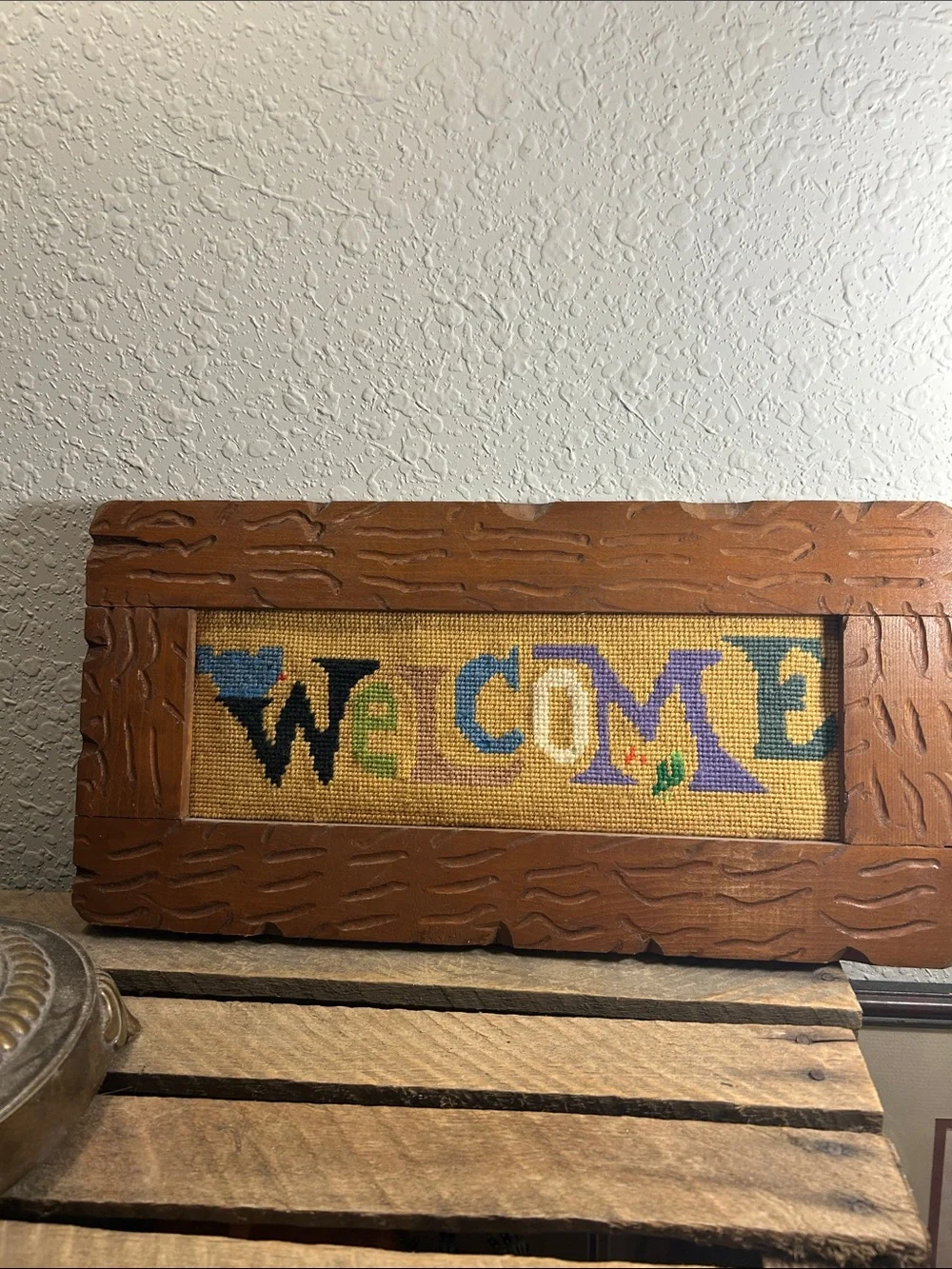 Welcome Sign Cross-Stitch Wall Accent in Multicolor